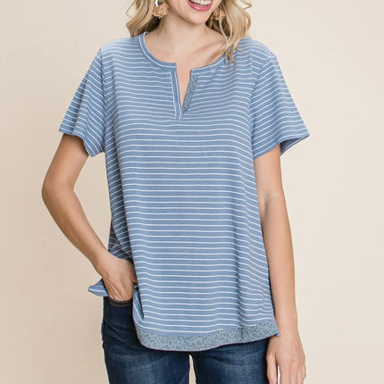 Cotton Bleu by Nu Lab Slit Striped Notched Short Sleeve T-Shirt - Image 4