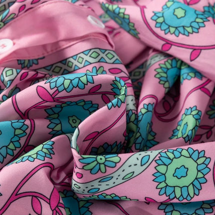 Printed Shirred Sleeve Buttoned Front Midi Dress with Sash - Image 10