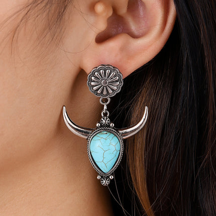 Artificial Turquoise Alloy Cow Head Earrings - Image 6