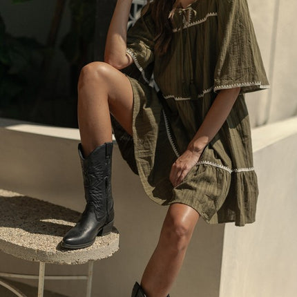 Annie Wear Tassel Contrast Trim Tie Neck Half Sleeve Tiered Dress - Image 4