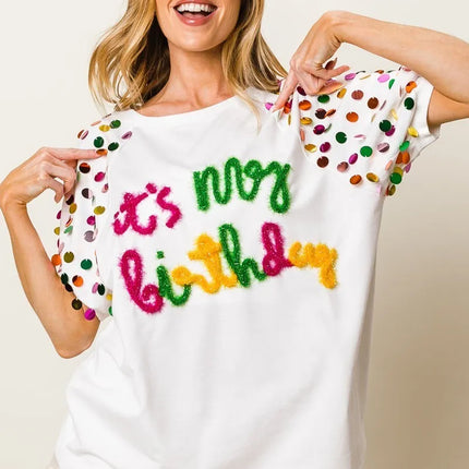 BiBi Metallic Letter Spangle Raglan Puff Sleeve Top - Image 3