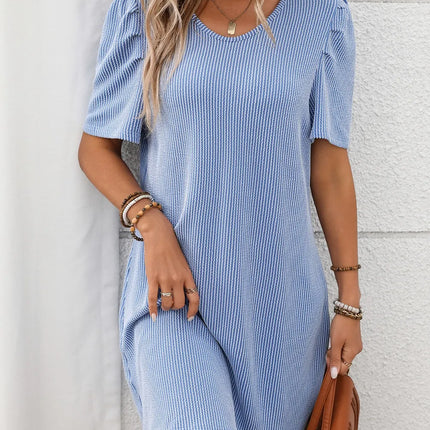 Textured Round Neck Short Sleeve Mini Dress - Image 8