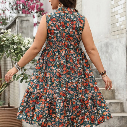 Plus Size Floral Notched Sleeveless Dress - Image 2