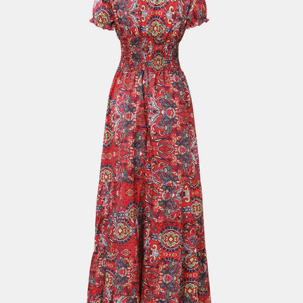 Full Size Smocked Printed V-Neck Short Sleeve Dress - Image 5