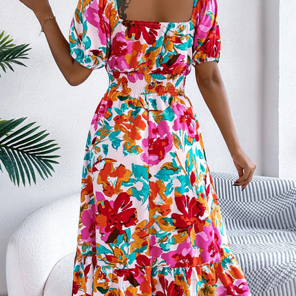 Ruffled Hem Smocked Floral Short Sleeve Midi Dress - Image 4