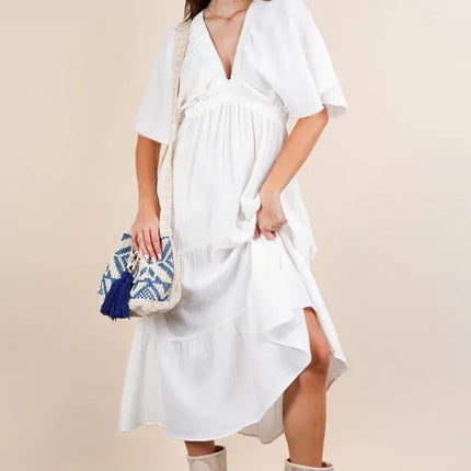 VERY J Mineral Washed Elastic Neck Detail Midi Dress - Image 2