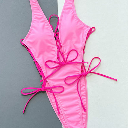 Lace-Up Deep V Sleeveless One-Piece Swimsuit - Image 3