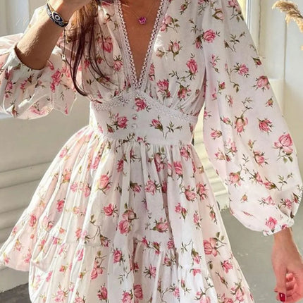 Lace Detail V-Neck Balloon Sleeve Dress - Image 1