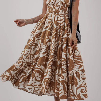 Floral Shirred High Waist Spaghetti Straps Dress - Image 3