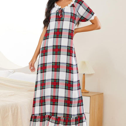 Plaid Lace Trim Ruffle Hem Night Dress - Image 1