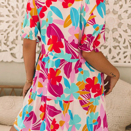 Floral Bubble Sleeve V Neck Tiered Ruffle Babydoll Dress - Image 3