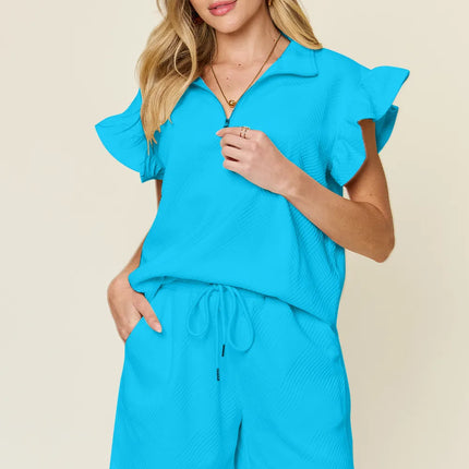 Double Take Full Size Texture Flounce Sleeve Top and Drawstring Shorts Set - Image 14