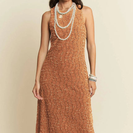 Davi & Dani Golden Textured Zippered Midi Dress - Image 1
