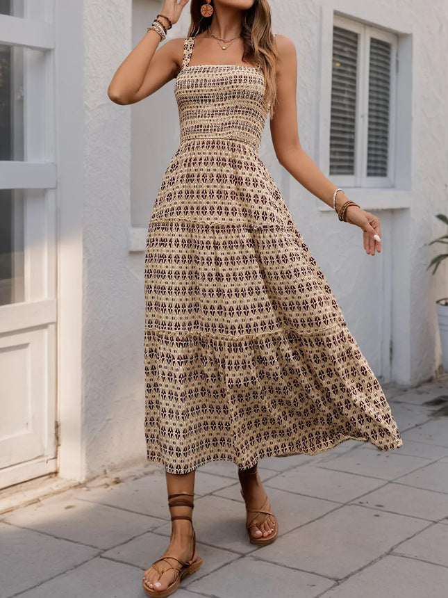 Printed Tiered Wide Strap Midi Dress