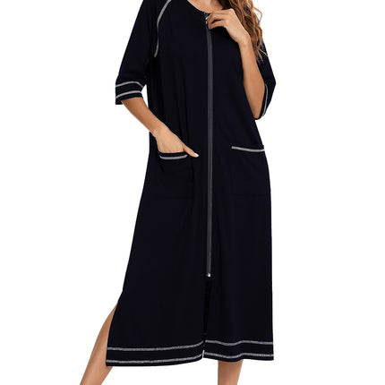 Zip Up Slit Round Neck Night Dress with Pockets - Image 26