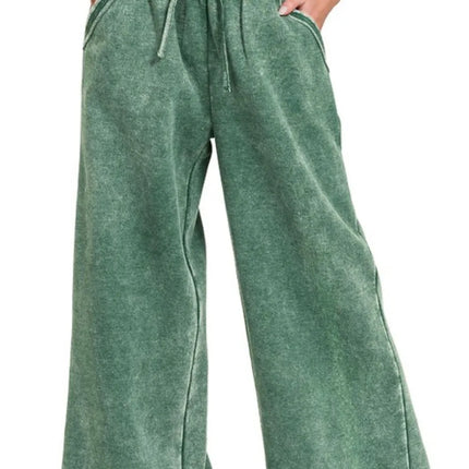 Zenana Acid Wash Fleece Palazzo Sweatpants with Pockets - Image 1