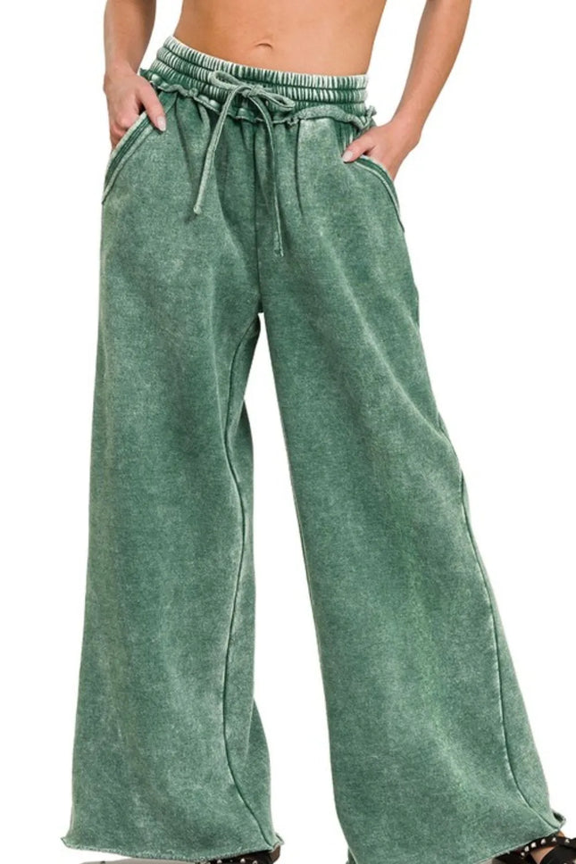 Zenana Acid Wash Fleece Palazzo Sweatpants with Pockets