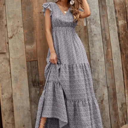 Printed V-Neck Ruffled Cap Sleeve Maxi Dress - Image 11