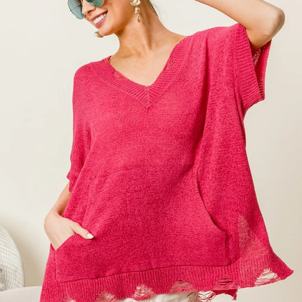 BiBi Distressed Hem V-Neck Slit Sweater - Image 1