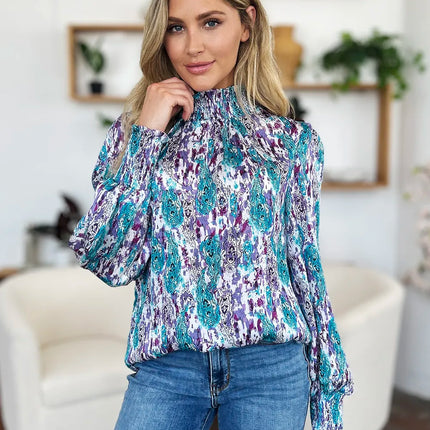 Double Take Full Size Printed Smocked Long Sleeve Blouse - Image 8