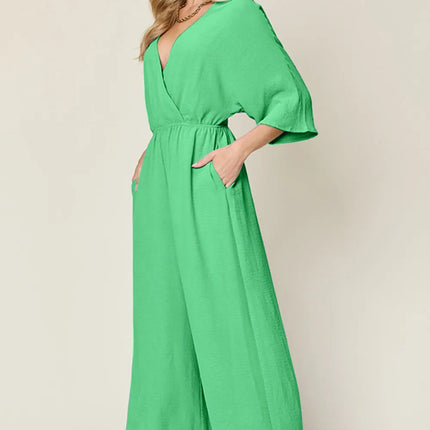 Double Take Full Size Surplice Wide Leg Jumpsuit with Pockets - Image 14