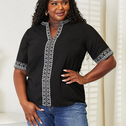 Double Take Embroidered Notched Neck Top - Image 8