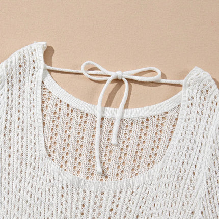 Hollow Out Bell Sleeve Drawstring Knit Cover Up Dress - Image 8