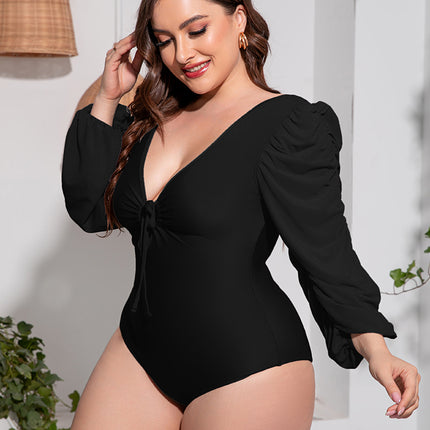 Plus Size Tied Deep V Balloon Sleeve One-Piece Swimsuit - Image 4