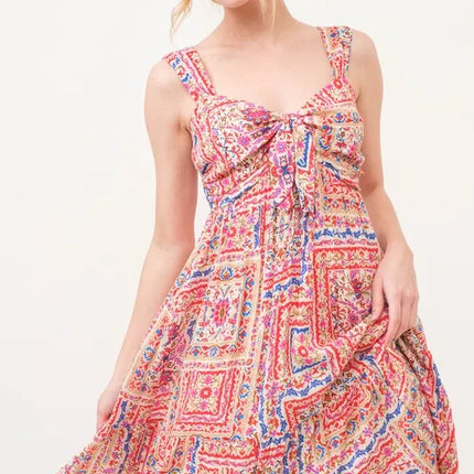 And The Why Tied Front Smocked Back Tiered Boho Printed Dress - Image 5