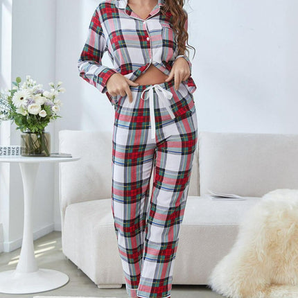 Plaid Button Front Top and Pants Lounge Set - Image 1