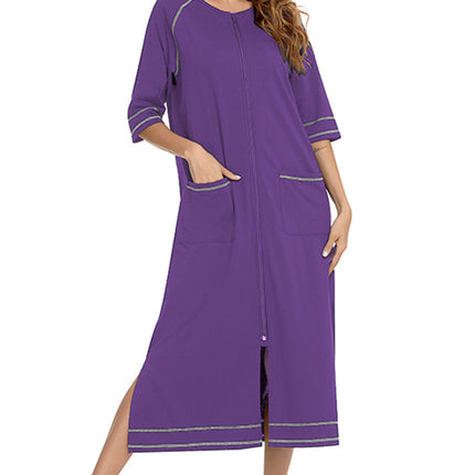 Zip Up Slit Round Neck Night Dress with Pockets - Image 11