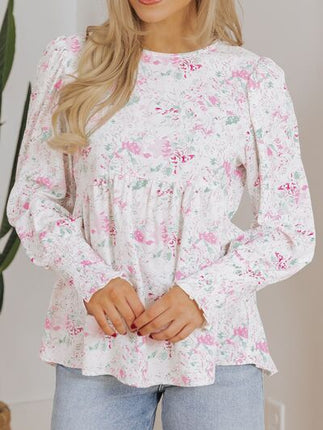 Printed Round Neck Long Sleeve Blouse - Image 1