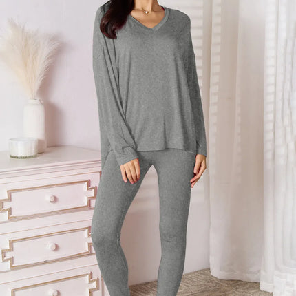 Basic Bae Bamboo Full Size V-Neck Long Sleeve Top and Pants Lounge Set - Image 1