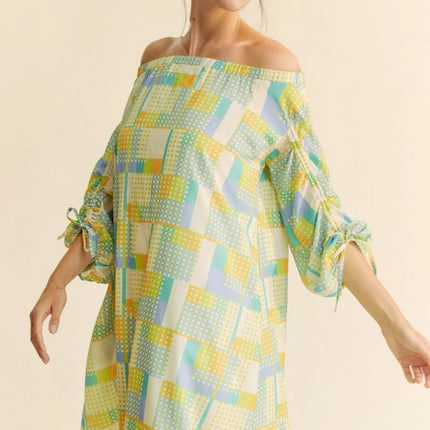 Davi & Dani Printed Off Shoulder Drawstring Sleeve Mini Dress - Image 1