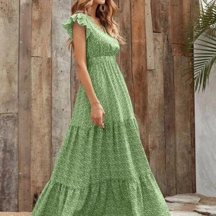 Printed V-Neck Ruffled Cap Sleeve Maxi Dress - Image 17