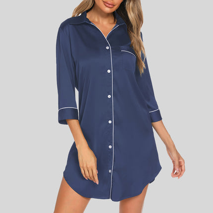 Button Up Collared Neck Night Dress with Pocket - Image 8