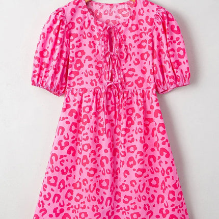 Leopard Tie Front Puff Sleeve Dress - Image 3