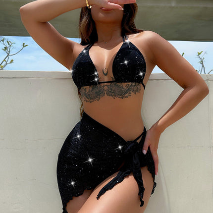 Glitter Halter Neck Backless Three-Piece Swim Set - Image 7