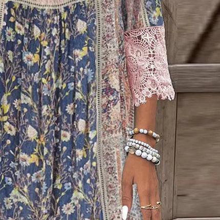 Full Size Lace Detail Printed Three-Quarter Sleeve Dress - Image 2