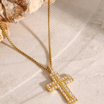 18K Gold-Plated Inlaid Zircon Cross Necklace - Image 1