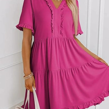 Tiered Notched Short Sleeve Mini Dress - Image 8