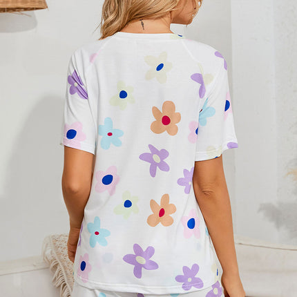 Floral Round Neck Raglan Sleeve Top and Shorts Lounge Set - Image 2