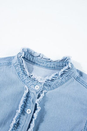 Button Down Raw Hem Ruffled Denim Shirt - Image 7