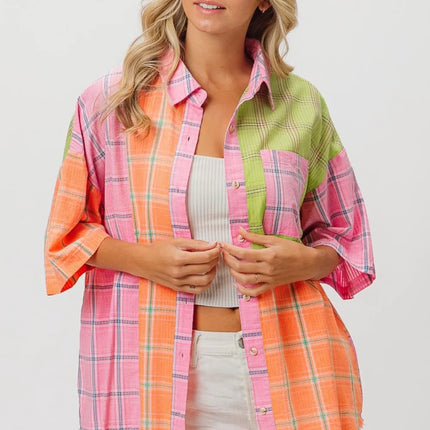 BiBi Plaid Collared Neck Half Sleeve Shirt - Image 4