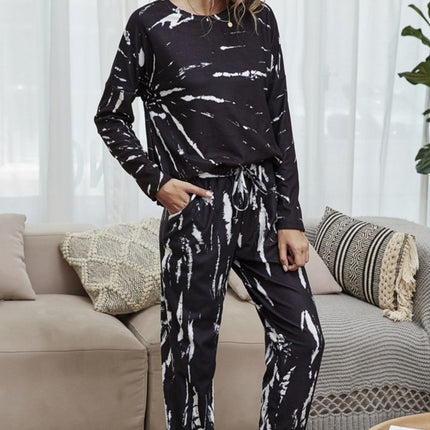 Shiny Tie-Dye Round Neck Top and Drawstring Waist Joggers Lounge Set - Image 1