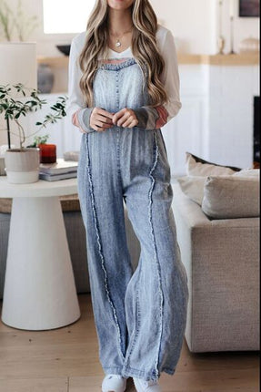 Frayed Exposed Seam Wide Leg Denim Overalls - Image 4