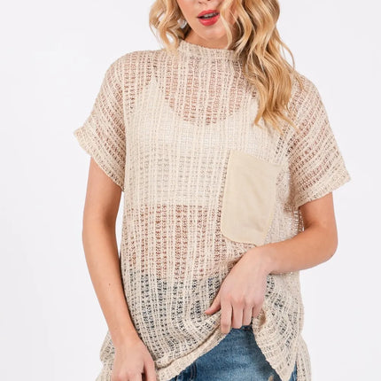 Ces Femme See Through Crochet Mock Neck Cover Up - Image 1
