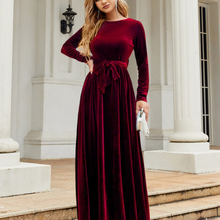 Tie Front Round Neck Long Sleeve Maxi Dress - Image 3
