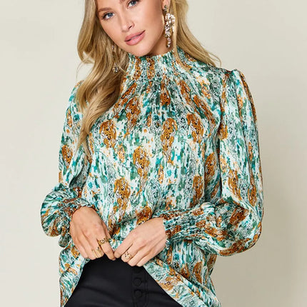 Double Take Full Size Printed Smocked Long Sleeve Blouse - Image 28