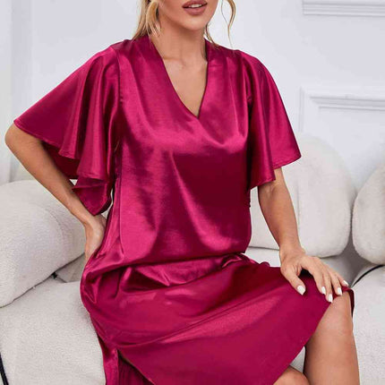 Satin Flutter Sleeve Side Slit V-Neck Night Dress - Image 6